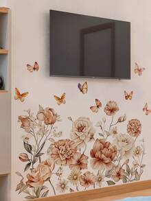 1pc Milk Tea Color Peony Daisy Floral Butterfly Wall Decor Sticker, Removable Room Decoration Wall Decal For Bedroom, Living Room, Entryway - 1PC - View 1