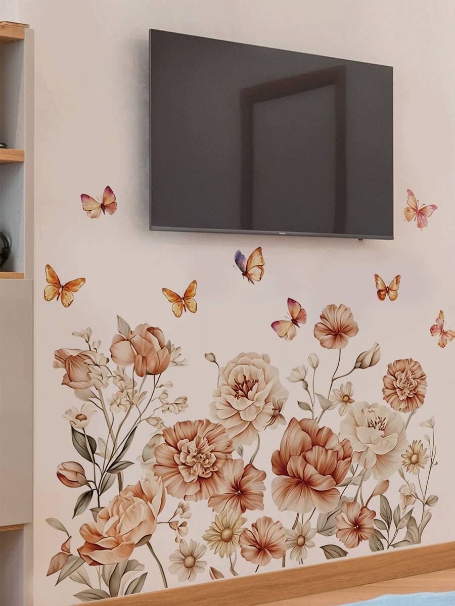 1pc Milk Tea Color Peony Daisy Floral Butterfly Wall Decor Sticker, Removable Room Decoration Wall Decal For Bedroom, Living Room, Entryway - 1PC - View 1