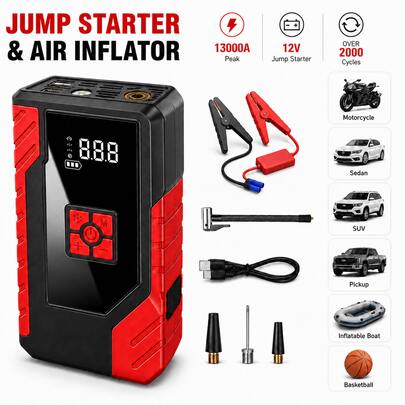 Portable Car Jump Starter With Air Compressor, 13000A Peak 12V Battery Booster, 200 PSI Digital Tire Inflator, Smart Jumper Cables, LED Flashlight, USB Power Bank, Roadside Emergency Kit For Cars, SUVs, Pickups And Motorcycles