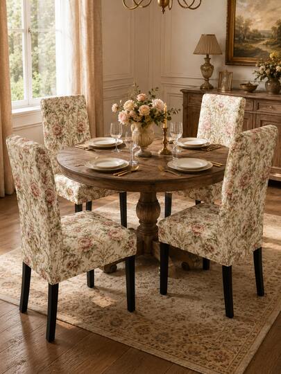 4-Piece Set French Vintage Rose Floral Dining Chair Covers, Beige Vine Print Stretch Chair Back Protector, Removable Washable Dust-Proof, Suitable For Dining Room, Kitchen, Wedding Party And Home Decor