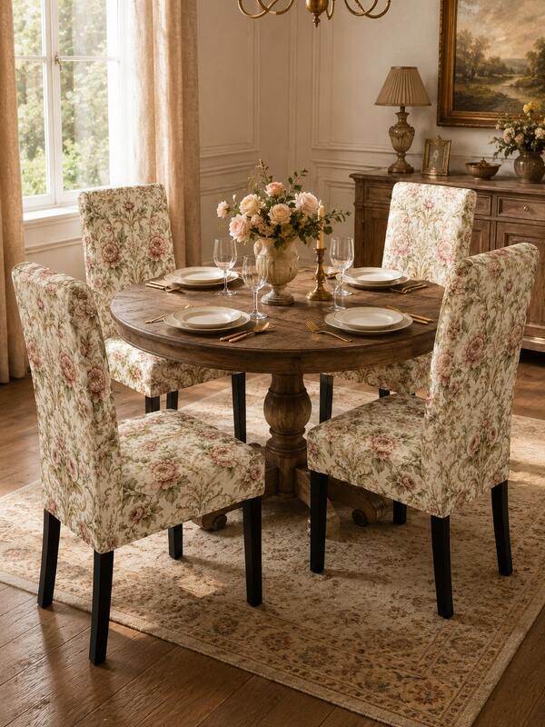 4-Piece Set French Vintage Rose Floral Dining Chair Covers, Beige Vine Print Stretch Chair Back Protector, Removable Washable Dust-Proof, Suitable For Dining Room, Kitchen, Wedding Party And Home Decor