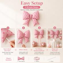 Sweet Pink Heart Print Giant Bow Foil Balloon Decor Set, Rose Gold Star & Heart Mylar Balloons, Pastel Pink White Latex Balloons For Girls Birthday Party Baby Shower Wall Photo Corner Backdrop Decor - View 4