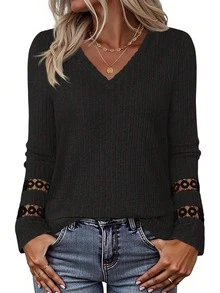 Women's Ribbed Knit Long Sleeve V-Neck Lace Detail Top, Elegant Black Blouse, Suitable For Autumn/Winter Wear - Black - View 1