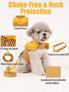 1 Set Adjustable Plaid Dog Harness Set, Anti-Pull/Anti-Choke, Cute Yellow/Green Cat & Dog Harness Dress, Dog Supplies, Dog Leash, Suitable For Small To Medium Dogs, Hook And Loop Design, Perfect For Outdoor Walks, Park Play And Photos - Multicolor - View 4