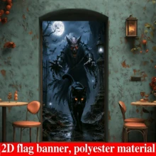 2D Flag - Halloween Theme Banner Background, Featuring A Dark Night Demon, Black Cat, Full Moon, And Bat, Along With An Ancient Castle Scene. Made Of Polyester Material, No Power Supply Required. - View 4