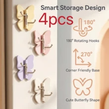 4/1pc Butterfly Rotating Hook - Strong Adhesive | ABS Material Curtain Hook, No Drilling Required, With Adjustable Wing And Three-Prong Hook, Suitable For Hanging Keys, Jewelry, Scarves And Other Items, Multi-Color Design, Beautiful And Practical Home Decor Accessory, Multi-Functional Hook, Bathroom Accessory, - View 13