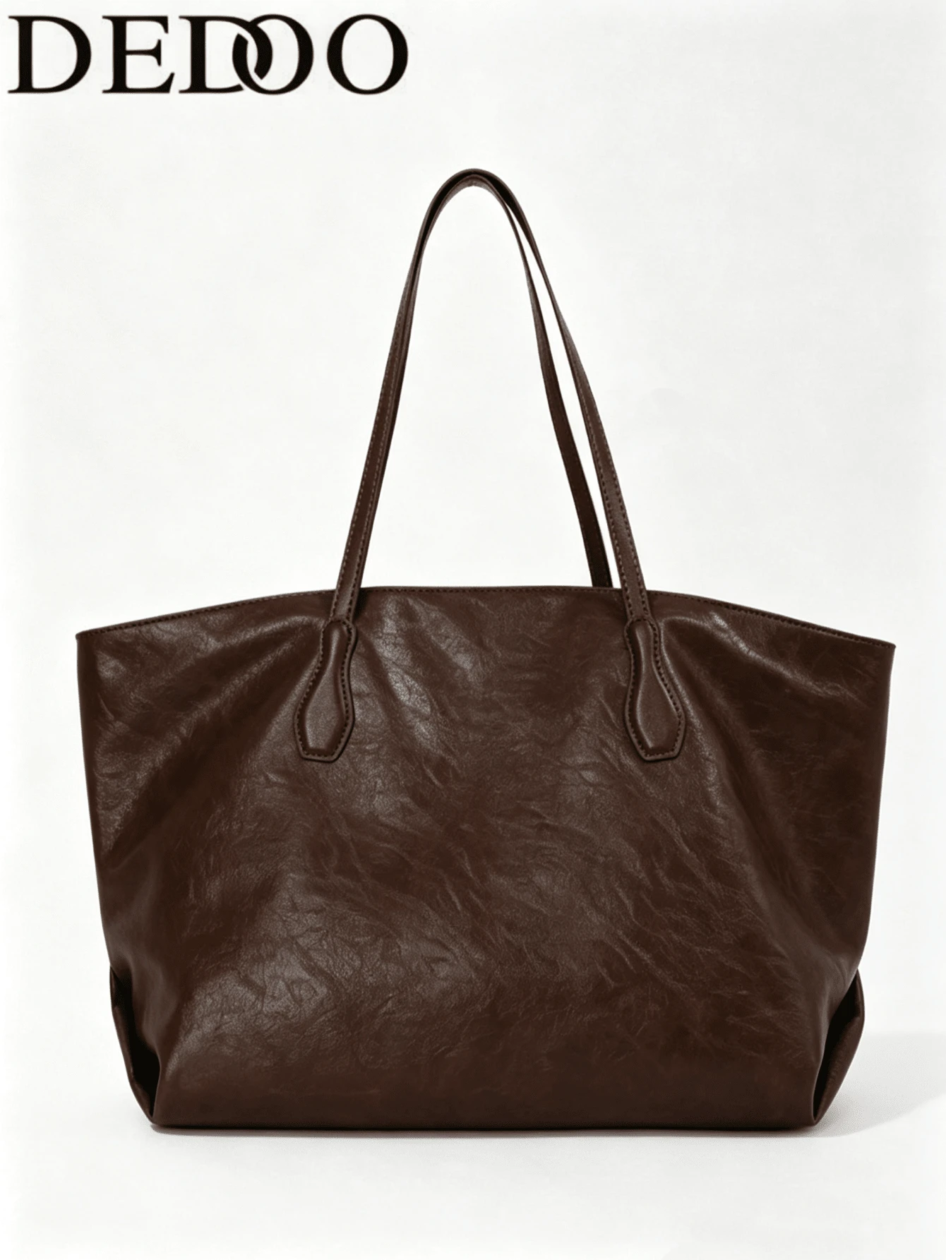 Dedoo Tas Tote Bahu Kulit Lembut Warna Polos, Tas Tangan Minimalis dengan Tali Panjang untuk Sehari-hari, Cocok untuk Kantor dan Perjalanan, Kapasitas Besar, Ransel Pelajar, Kampus Universitas - Coklat - View 1