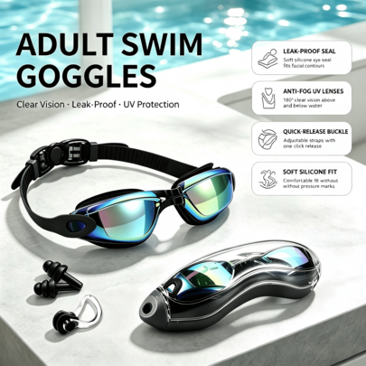 Ultra Clear Anti-Fog Swimming Goggles, Adjustable Comfort Fit Swim Glasses For Adult Men Women