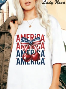 LADYNOVA Damen T-Shirt mit Amerika-Flagge und Kirschen-Muster, Sommeroutfits für Frauen, Urlaubsoutfits für Frauen, Sommerkleidung, Festivaloutfit - Weiss - Übersicht 8