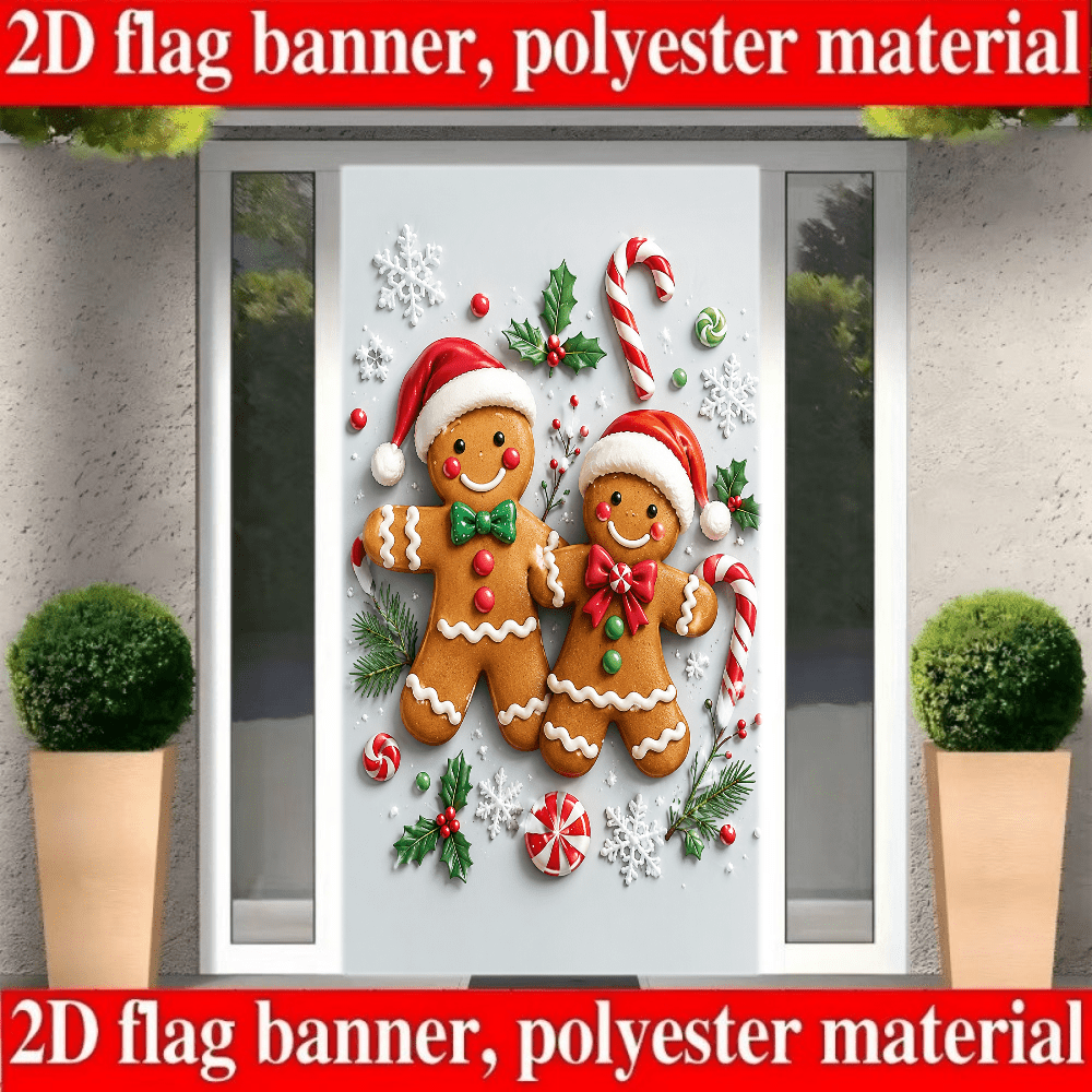2D Flag Christmas Holiday Banner Background - Cute Gingerbread Person Theme, Combined With Christmas Hats, Snowflakes, Walking Stick Candies, Holly Candies, Etc. No Power Supply Required For Christmas.