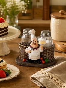 1pc Decorative Chef Figurine Dual Spice Bottle Holder, Kitchen Seasoning Bottle Storage Rack, Rustic Farmhouse Style Spice Display Stand, Suitable For Countertop, Desktop, Cafe, Restaurant, Pantry Shelf And Home Decor - Multicolor - View 12