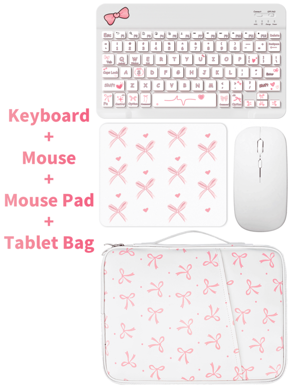 1 Set Cute Bluetooth Keyboard + Bow Tablet Protective Case + Mouse + Mouse Pad, Portable Wireless Keyboard (150mAh) Mouse Set, Compatible With Samsung Tablets, Apple IPad, Android 13+ Smartphones, Smartphones, Windows System (White)