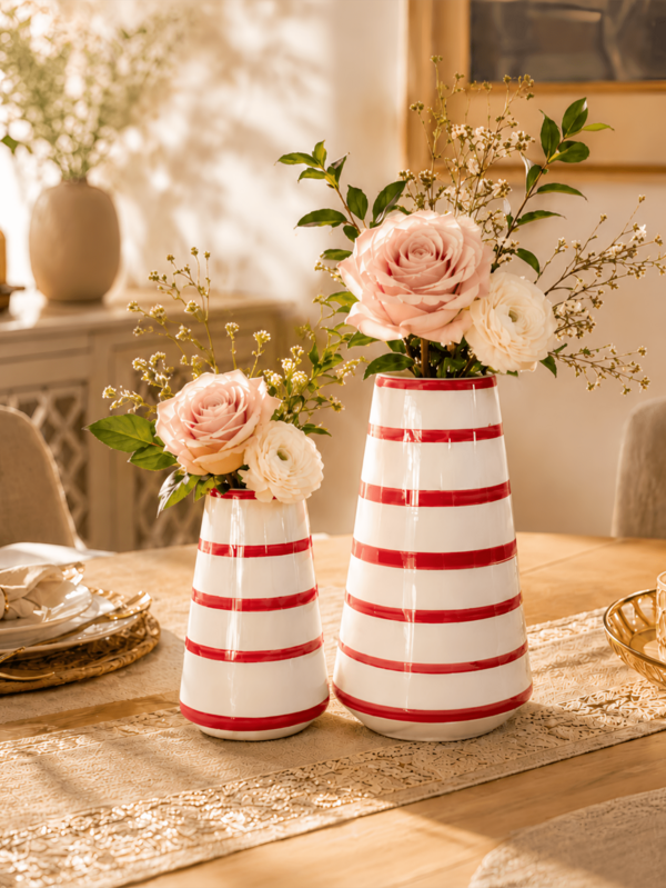 1pc Red & White Striped Ceramic Vase Set, Large & Small Modern Decorative Flower Vases For Home Decor, Living Room, Dining Table, Entryway, Shelf, Bedroom, Wedding Centerpiece, Fresh/Dried Flowers, Farmhouse Table Decor, Housewarming Gifts