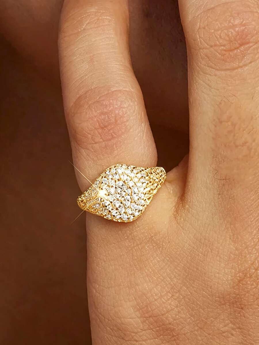 1件經典14K鍍金雙色寬版戒指,滿鑽立方鋯石鋪鑲,奢華重工,個性化可疊戴食指戒指,珠寶 - 黃色 - 查看 1