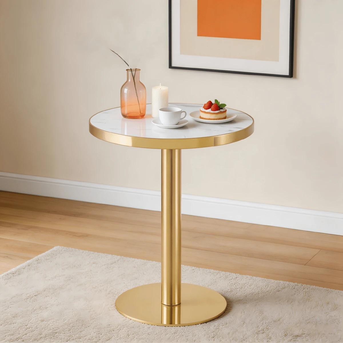 Modern Round Side Table With A Gold Stainless Steel Frame And Marble-Look Top For The Living Room, Luxury Side Table With A Sturdy Base. - 白色+金色+MDF - 查看 1