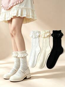 1/3 Pairs Summer Early Autumn French Style Satin Ruffle Sweet Versatile Mid-Calf Socks - Multicolor - View 9
