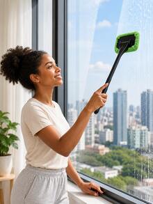 Long Handle Windshield Cleaning Tool, Includes 5 Reusable Microfiber Pads, Car Interior Window Dusting Brush, Multi-Function Glass Cleaning Brush, Suitable For Car, Bathroom Mirror, Shower Door - Glass Cleaning Cloth - View 2