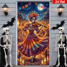 2D Flat Day Of The Dead Skeleton Violinist Door Curtain, Colorful Traditional Costume Skeleton Image With Marigolds, Candles And Colorful Flags Background, Mexican Day Of The Dead Style, Polyester Material Durable And Easy To Care For, No Power Required, Suitable For Day Of The Dead, Halloween Theme Decoration, Indoor And Outdoor Wall Hanging, Create Rich Festive Atmosphere - 1PC - View 3