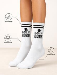 1 par de calcetines de graduación para mujer, calcetines de vuelta a la escuela, patrón de doble letra y número 2026 estilo universitario, calcetines de media pantorrilla, adecuados como calcetines de regalo conmemorativo, usables todo el año, perfectos para la temporada de vuelta a la escuela - Blanco - Ver 1