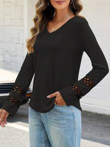 Women's Ribbed Knit Long Sleeve V-Neck Lace Detail Top, Elegant Black Blouse, Suitable For Autumn/Winter Wear - Black - View 3