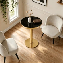 Modern Round Side Table With A Gold Stainless Steel Frame, Marble-Effect Top For Living Room, Luxury Side Table With A Sturdy Base. - 黑色+金色+中密度纖維板 - 查看 4