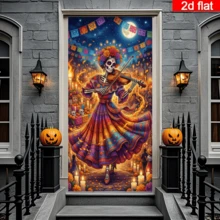 2D Flat Day Of The Dead Skeleton Violinist Door Curtain, Colorful Traditional Costume Skeleton Image With Marigolds, Candles And Colorful Flags Background, Mexican Day Of The Dead Style, Polyester Material Durable And Easy To Care For, No Power Required, Suitable For Day Of The Dead, Halloween Theme Decoration, Indoor And Outdoor Wall Hanging, Create Rich Festive Atmosphere - 1PC - View 1