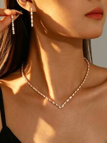 Minimalist Women's Trapezoid V-Neck Necklace & Stud Earrings Set, Suitable For Banquet, Wedding, Vacation, Holiday, Party - Gold - View 11