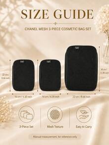 Chanel Mesh 3-Piece Makeup Bag Set, Small 22x16cm, Large 22x36cm, Breathable Mesh Fabric With Smooth Zipper, Perfect For Personal Use Or Gifting - Black - View 10