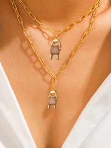 1pc European & American Minimalist Copper Plated Gold Heart-Shaped Zirconia Couple Pendant Necklace Set For Boys & Girls Exquisite For Daily Wear And Gift - Gold - View 10
