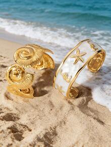 2pcs Beach Vacation Style Oil Drip Ocean Design Stainless Steel Women's Bracelets For Vacation Wear/Holiday Gift - Yellow Gold - View 1