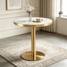 Modern Round Side Table With A Gold Stainless Steel Frame And Marble-Look Top For The Living Room, Luxury Side Table With A Sturdy Base. - 白色+金色+MDF - 查看 2