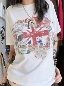 Vintage Union Jack Stamp Collage Oversized Tee, 100% Cotton Breathable, Street Style Casual Wear, Great Gift For Travel & Retro Fashion Lovers - 白色 - 查看 13