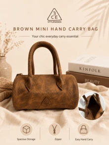3CE Sanxi Yu Brown Mini Handbag, 19*24cm, Smooth Synthetic Leather Material With Zipper, Lightweight Design For Daily Commute, Short Trips And Personal Item Storage - Brown - View 2