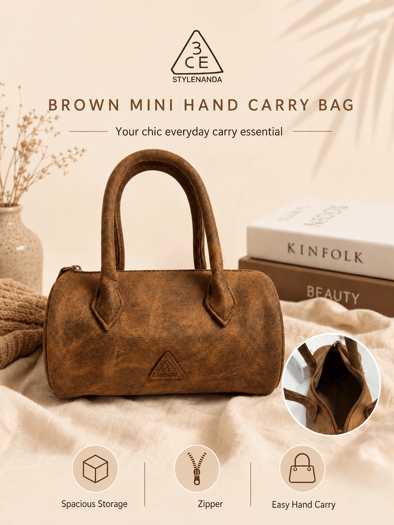 3CE Sanxi Yu Brown Mini Handbag, 19*24cm, Smooth Synthetic Leather Material With Zipper, Lightweight Design For Daily Commute, Short Trips And Personal Item Storage