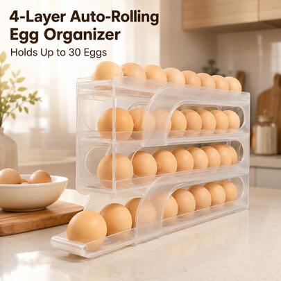 1PC 4-Tier, Auto-Rolling Egg Holder, Fridge, 30 Capacity, Stackable, Clear Box, Ultra-Slim 2.8in, Door/Shelf/Counter, Frosted Plastic Dispenser, Roll-Forward, Kitchen Pantry Storage Essential