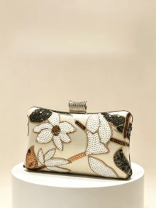 Floral Sequin Evening Clutch Bag, Hard Shell Wallet, Elegant Handheld Bag Suitable For Weddings, Galas And Parties - Gold - View 5