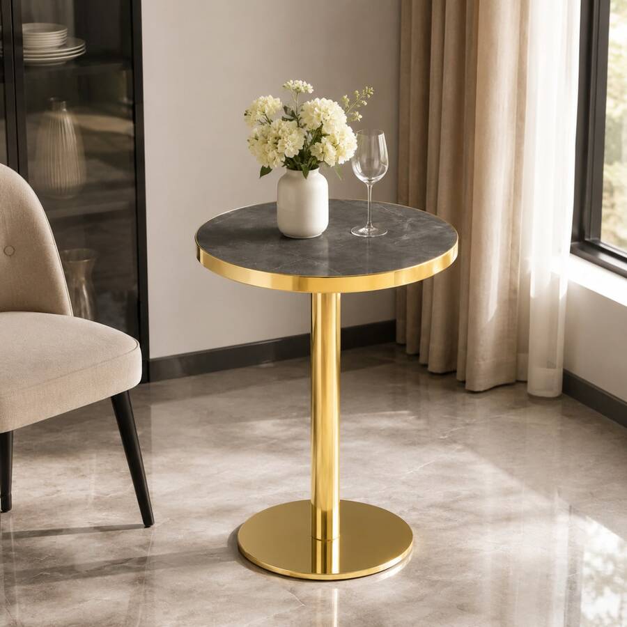 Modern Round Side Table With A Gold Stainless Steel Frame, Marble-Effect Top For Living Room, Luxury Side Table With A Sturdy Base. - 灰色+金色+中密度纖維板 - 查看 1