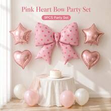 Sweet Pink Heart Print Giant Bow Foil Balloon Decor Set, Rose Gold Star & Heart Mylar Balloons, Pastel Pink White Latex Balloons For Girls Birthday Party Baby Shower Wall Photo Corner Backdrop Decor - View 8