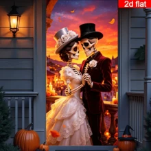 2D Flat Day Of The Dead Skeleton Couple Door Curtain, Wedding Theme Skeleton Couple Image With Sunset City And Candle Background, Vintage Romantic Style, Durable Polyester Material, No Power Required, Suitable For Day Of The Dead, Halloween Party Decoration, Indoor And Outdoor Wall Hanging Fabric, Creating A Warm And Mysterious Holiday Atmosphere - 1PC - View 3