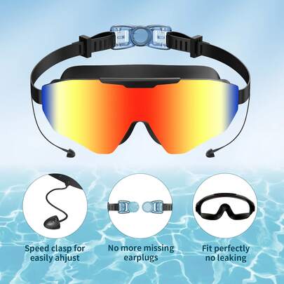 Pool Swim Goggles Equipped With Earplugs, Leakproof Clear Wide View Goggles For Adults & Kids Aged 4 To 12