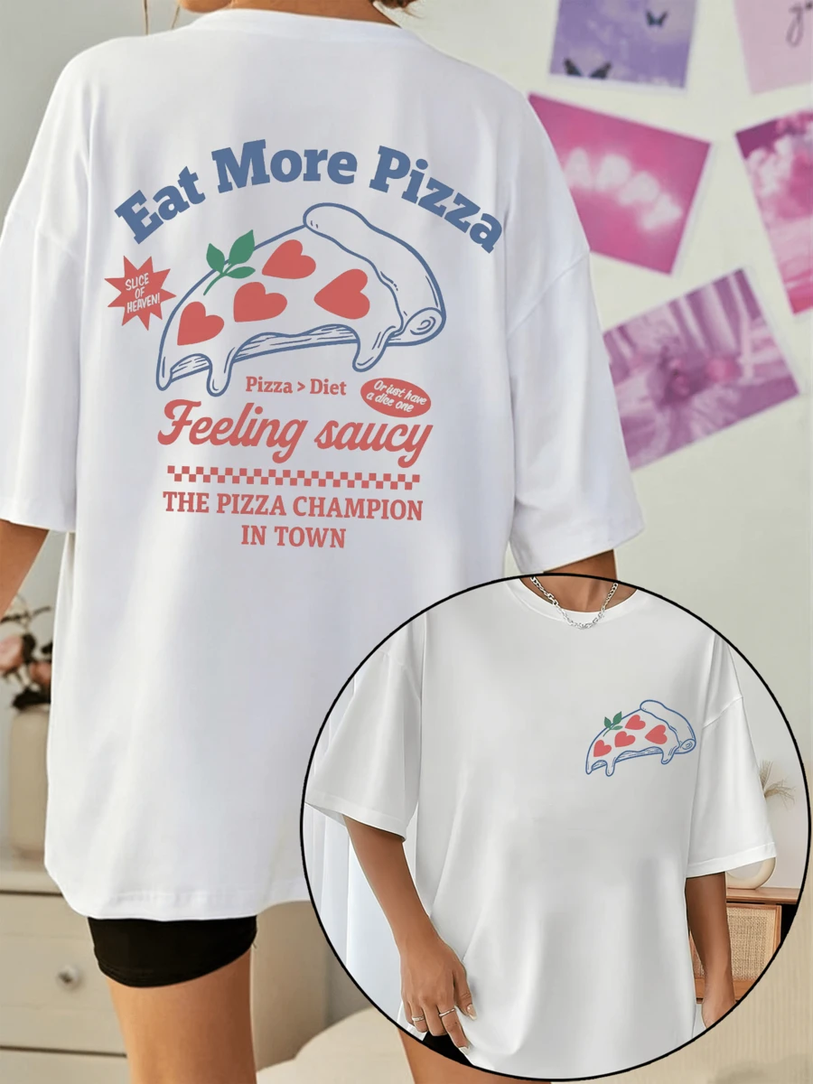 Eat More Pizza Graphic T-Shirt - Funny Retro Slice Design For Food Lovers And Sauce Fans With Back And Front Print - 白色 - 查看 1