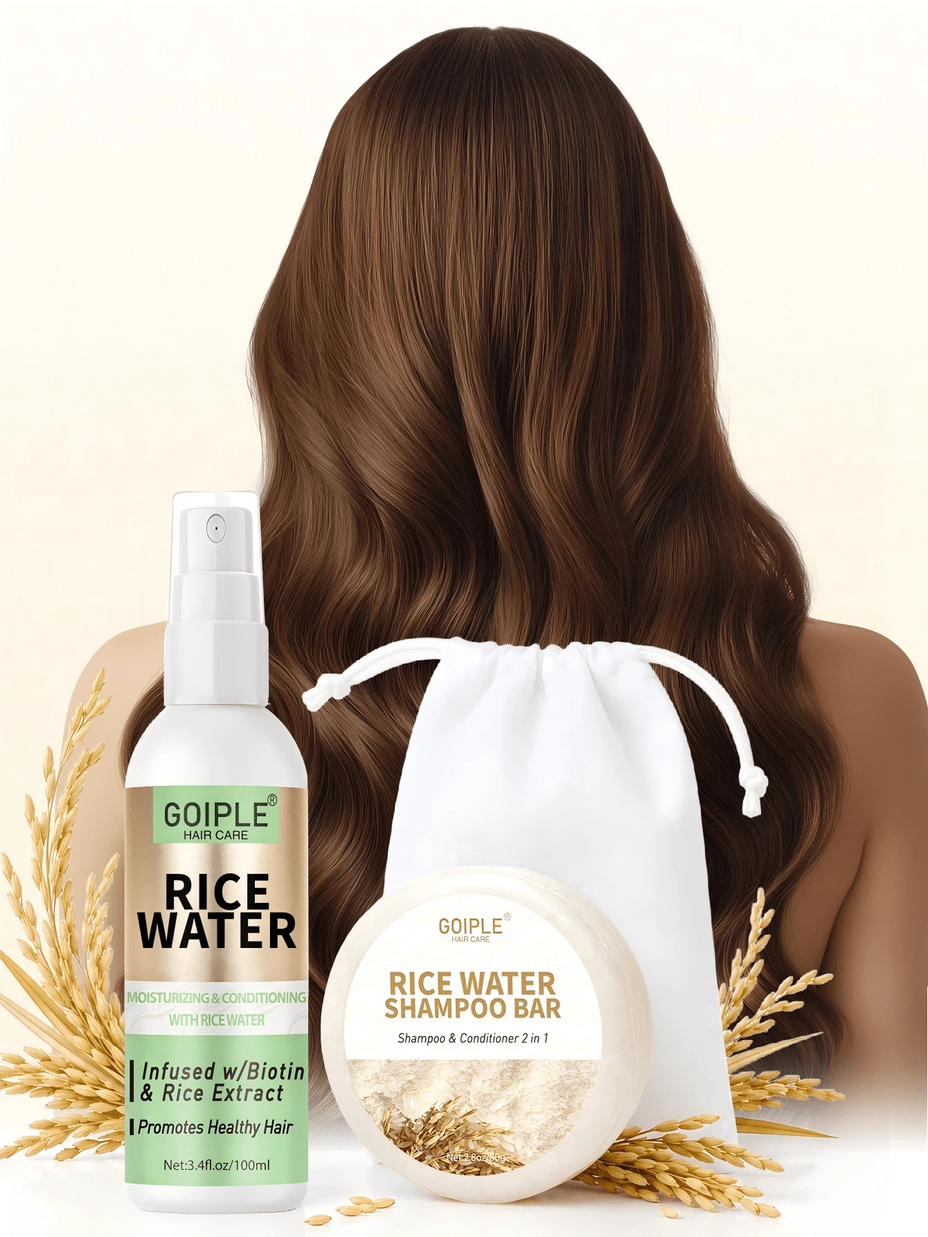 Goiple 80g Rice Water Shampoo Bar And 100ml Rice Water Spray Set, Solid Shampoo Bar, 2-In-1 Deep Cleansing And Nourishing Scalp, Fermented Rice Extract, Oil Control, Strengthen Fragile Hair, Repair Damaged Hair, Rice Essence Soap, Coconut Cleanser, Sulfate-Free, Rice Water Spray For Hair, Suitable For All Hair Types - Rice Water - View 1