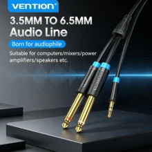 VENTION 3.5mm 轉 6.35mm 單聲道 3.5mm 轉 雙 6.35mm，1/4 轉 1/8 英吋公對公音訊分配線，鍍金接頭，適用於數位混音器、錄音機、吉他、擴大機 - 黑色 - 查看 2