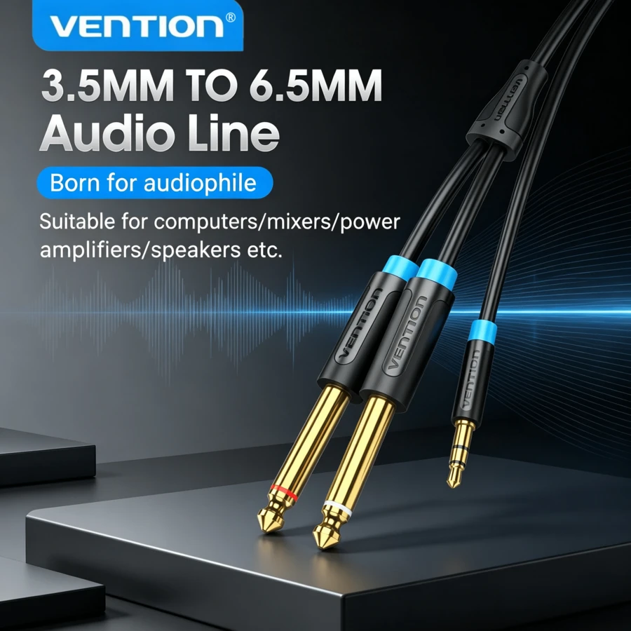 VENTION 3.5mm 轉 6.35mm 單聲道 3.5mm 轉 雙 6.35mm，1/4 轉 1/8 英吋公對公音訊分配線，鍍金接頭，適用於數位混音器、錄音機、吉他、擴大機