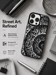 Street Punk Gothic Letter Phone Case Compatible With Iphone 17 16 15 14 13 12 11 Pro Max, Monochrome Black White Doodle Abstract Script Graffiti Repeat All Over Matte Black Frame Shockproof TPU Phone Shell - Black - View 3