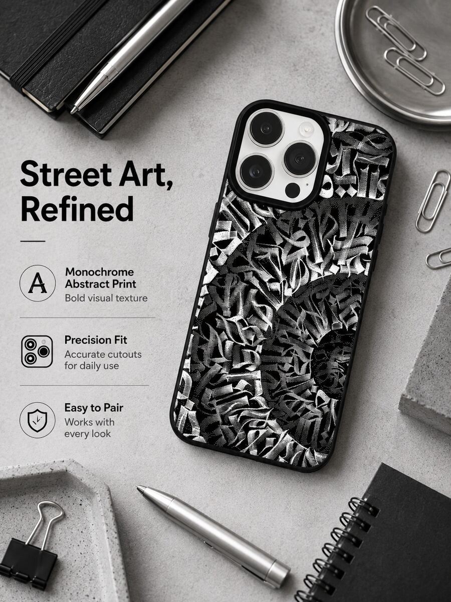 Street Punk Gothic Letter Phone Case Compatible With Iphone 17 16 15 14 13 12 11 Pro Max, Monochrome Black White Doodle Abstract Script Graffiti Repeat All Over Matte Black Frame Shockproof TPU Phone Shell - Black - View 1