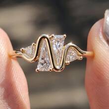 1pc Creative 14K Gold Plated Wave Geometric Diamond Ring, Unisex Asymmetrical Trapezoid Triangle Zirconia Stone, Luxury Niche Design Engagement Ring, Wedding Jewelry - White and Yellow - View 12