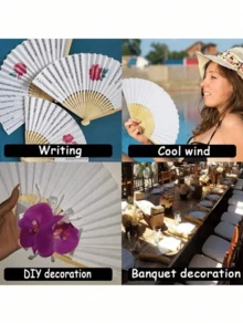 1/20/30/40/50 Pcs Vintage Handheld Folding Paper Fan, Wedding Bridal Favor Folding Fan, Portable Bamboo Fan, DIY White Paper Fan With Folding Paper Sleeve - Summer Accessory, Keeps You Cool And Stylish, Ideal For Parties And Events - Multicolor - View 9