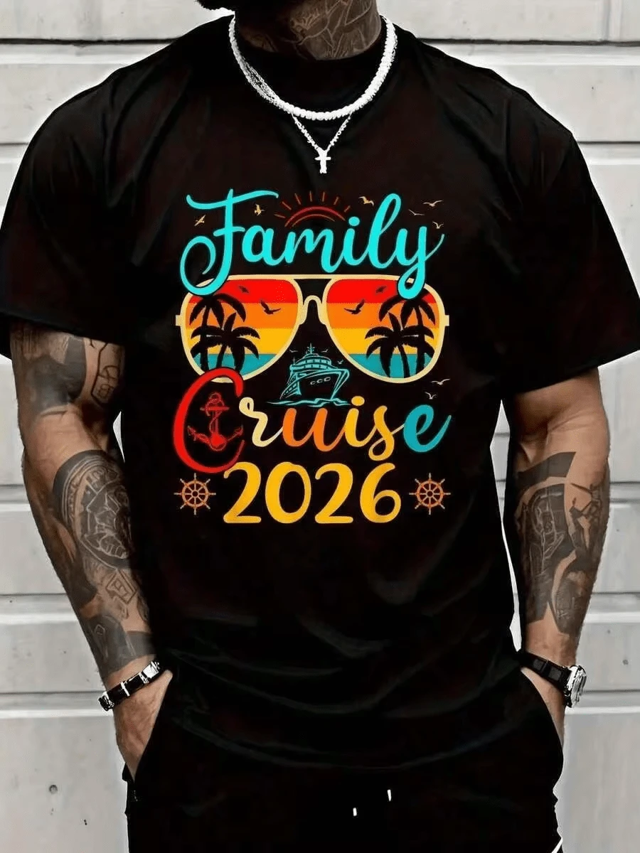 Ropa de Verano, Conjuntos de Verano para Hombre, Camisetas a Juego Unisex para Crucero Familiar 2026, Camiseta Casual de Verano de Manga Corta de Algodón Suave para Vacaciones, Camiseta para - Negro - Ver 1
