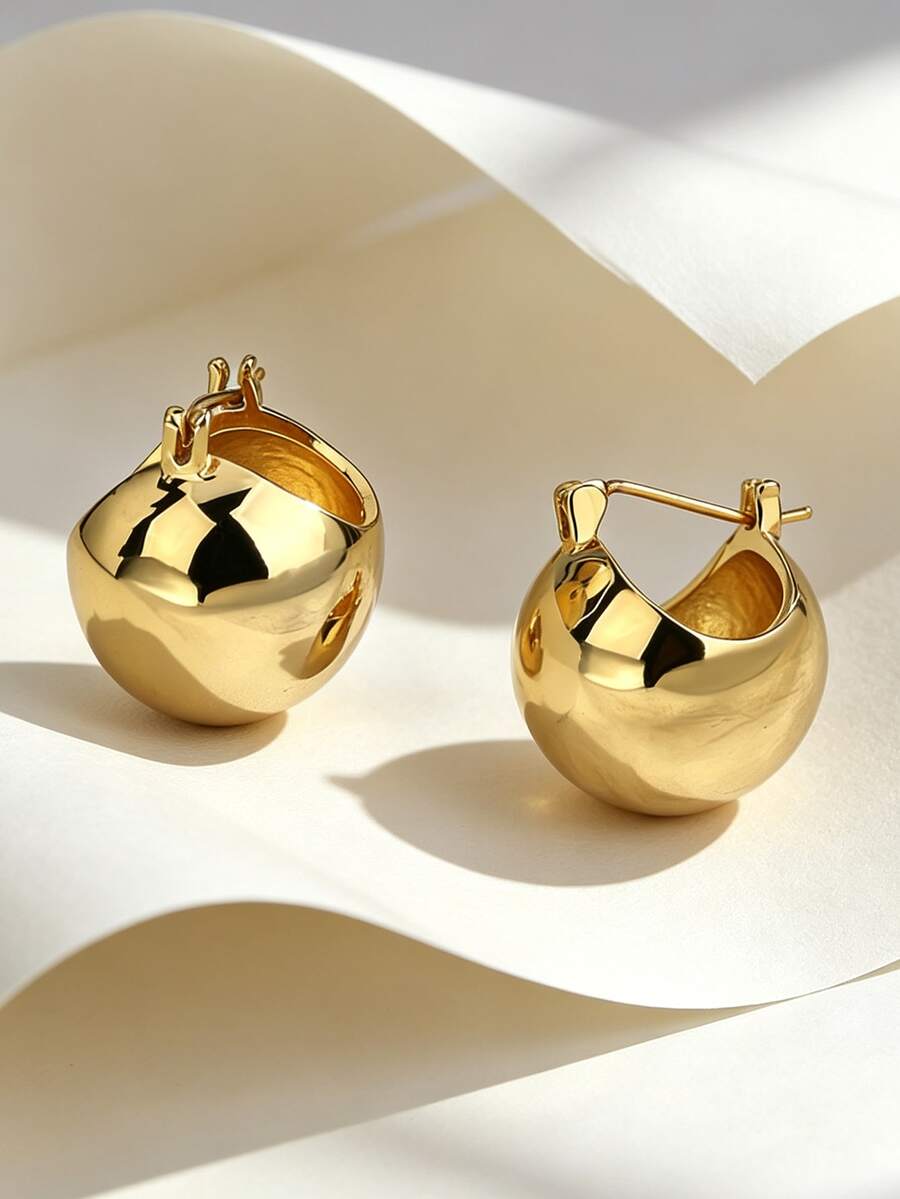 Charm-In 18K Gold Plated Chunky Hollow Ball Click Hoop Earrings, Mirror Polished Dome Shape Snap Huggie Jewelry For Women Daily Minimal Wear - Gold - View 1